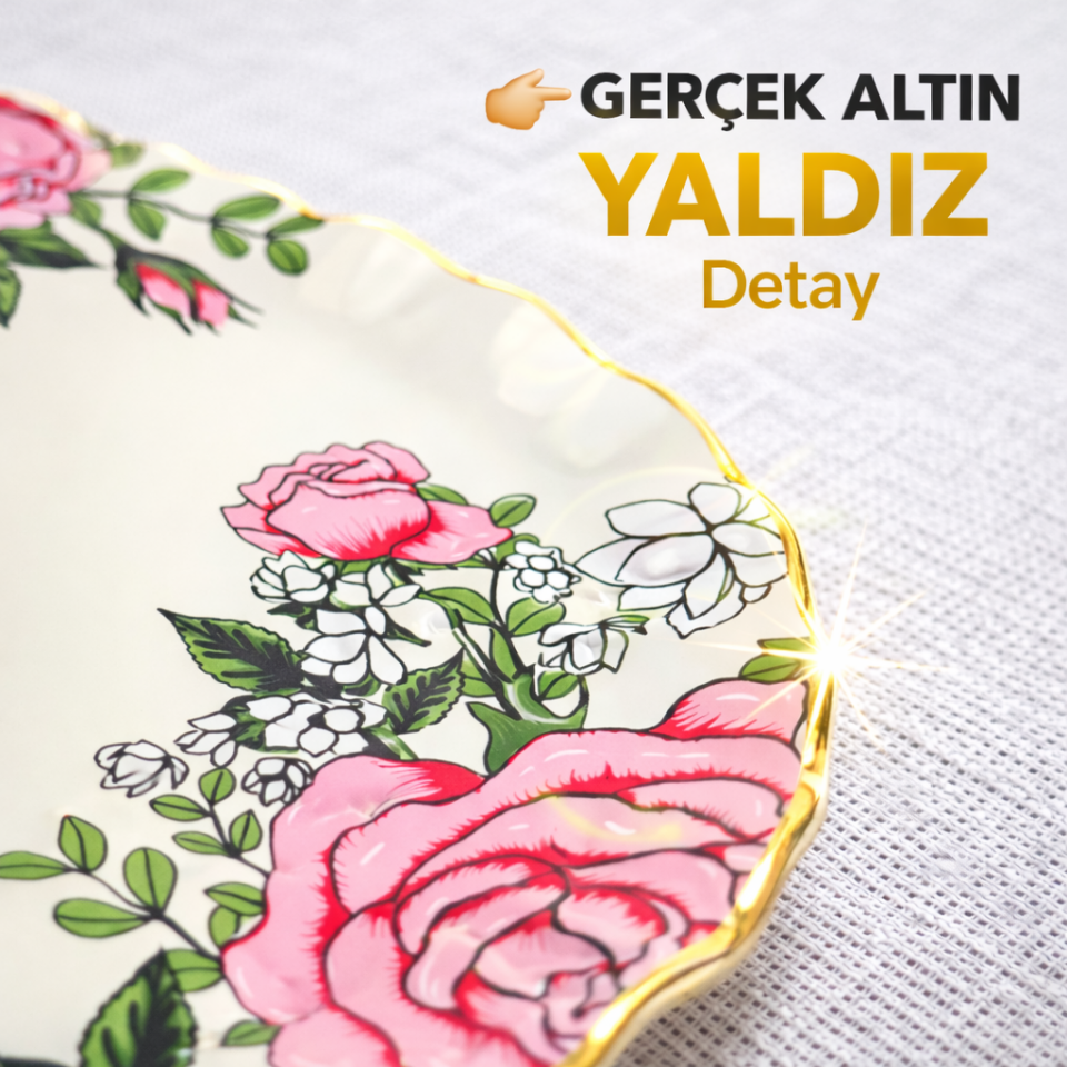 Gerçek Altın Yaldızlı Gül Desenli 26 Cm Servis Tabağı Tekli Şık Sunum Pasta Tatlı Tabak 1 Adet Sudedi Home