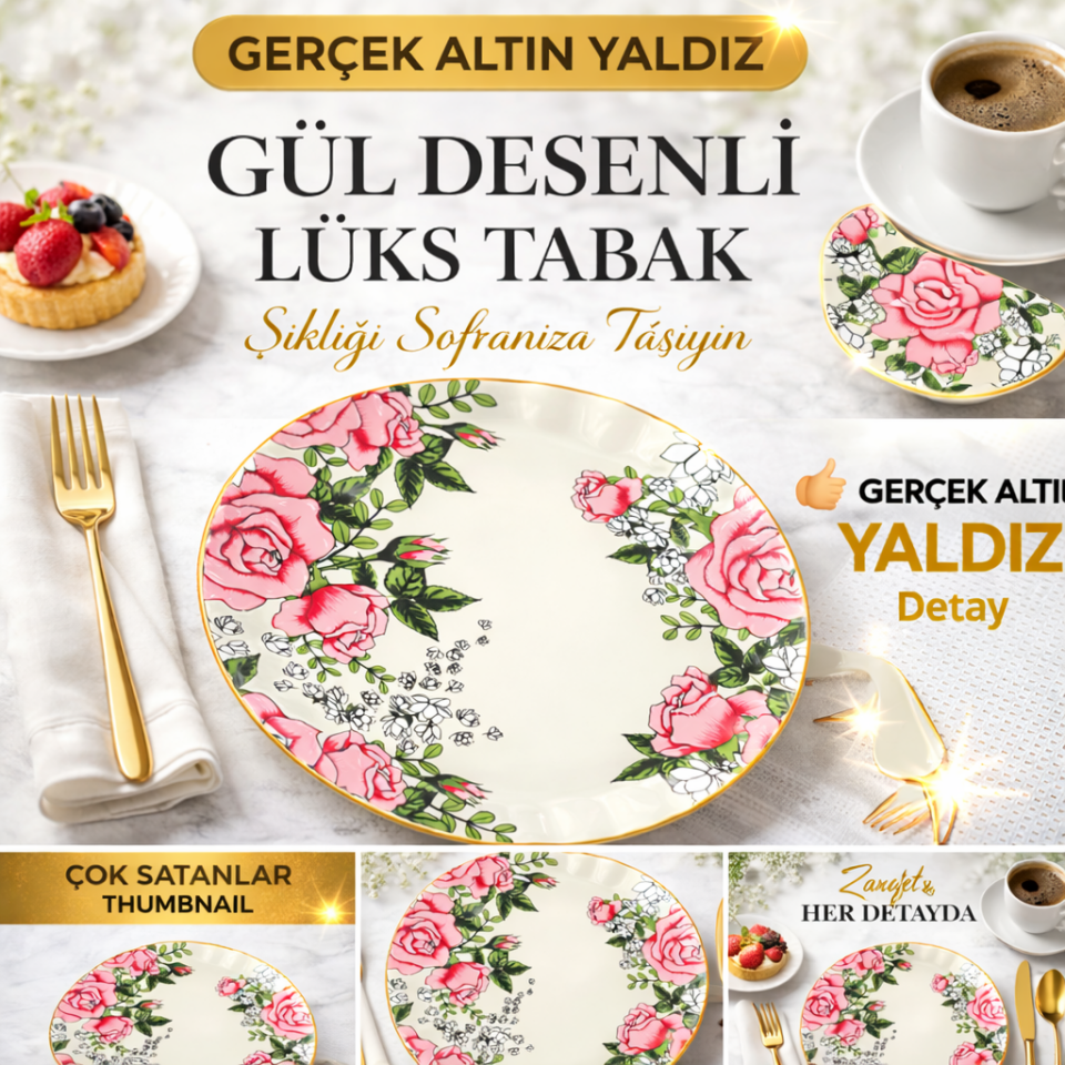 Gerçek Altın Yaldızlı Gül Desenli 26 Cm Servis Tabağı Tekli Şık Sunum Pasta Tatlı Tabak 1 Adet Sudedi Home