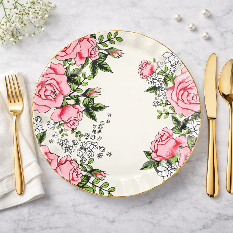 Gerçek Altın Yaldızlı Gül Desenli 26 Cm Servis Tabağı Tekli Şık Sunum Pasta Tatlı Tabak 1 Adet Sudedi Home