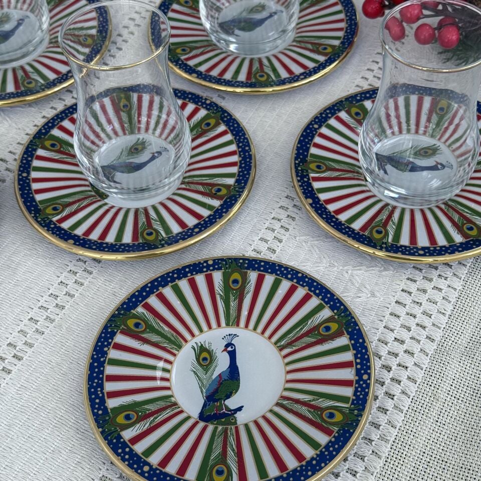 Glore Tavus Kuşu Altın Yaldızlı Çay Bardağı Seti