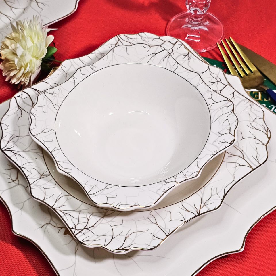 Sembol Ağaç Desen Pure Bone Porselen 18 Parça Yemek Takımı