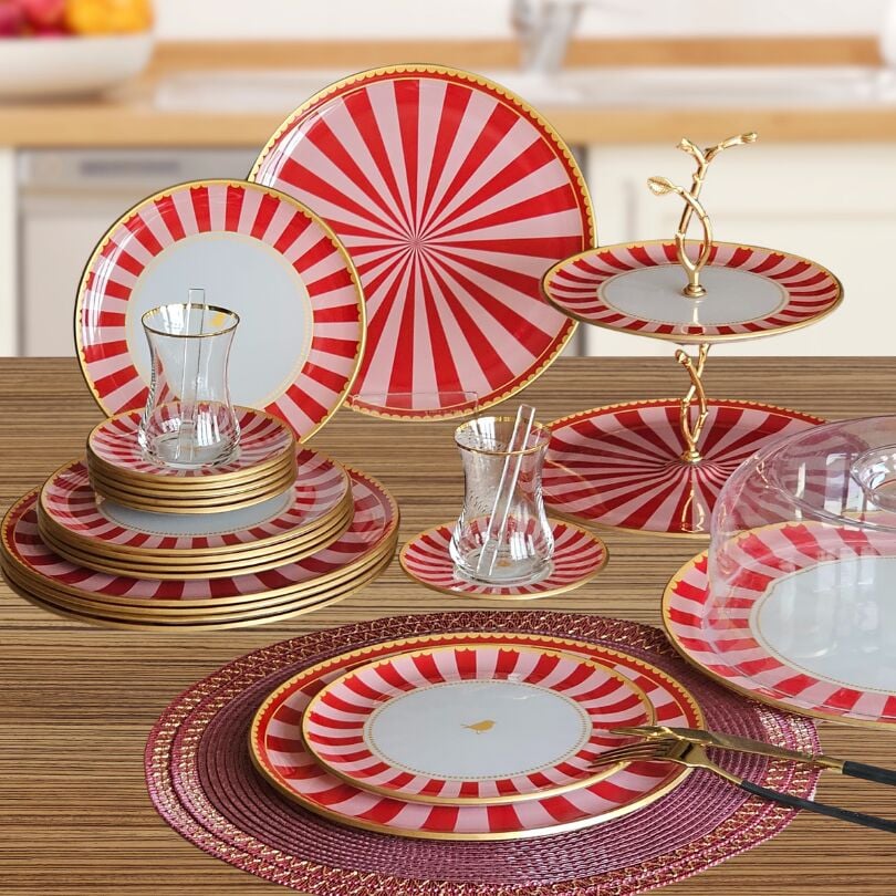 34 Parça Pink Bird Altın Yaldızlı 6 Kişilik Pasta Çay Servis İkram Takımı