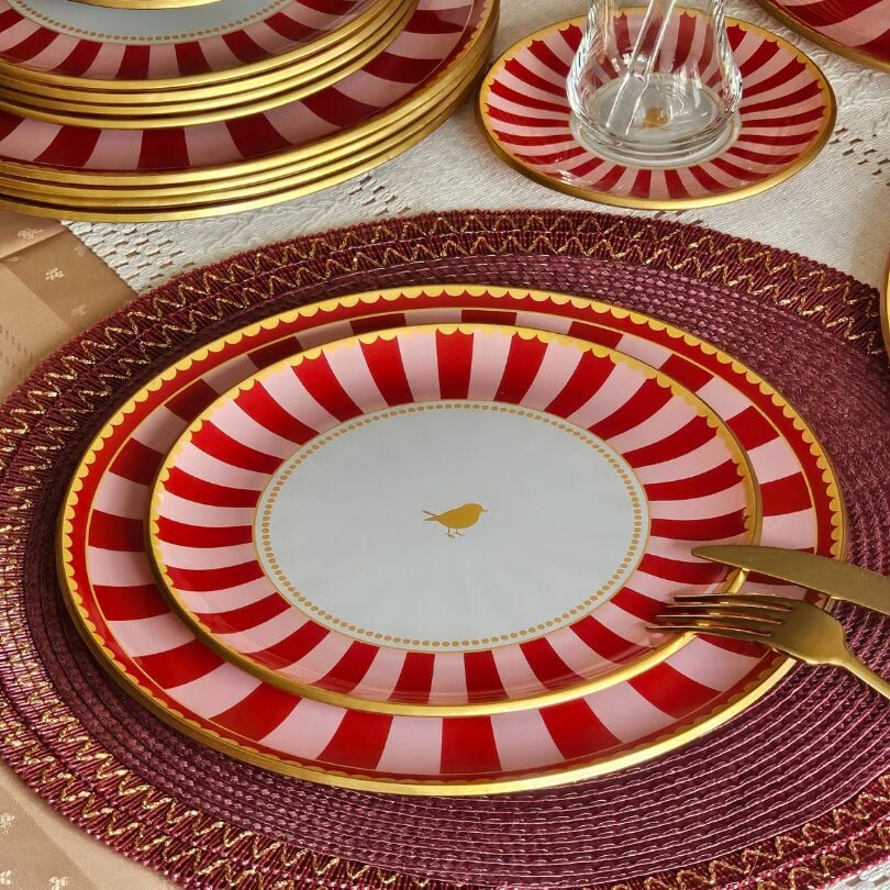 34 Parça Pink Bird Altın Yaldızlı 6 Kişilik Pasta Çay Servis İkram Takımı