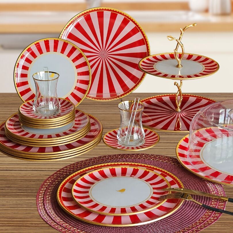 34 Parça Pink Bird Altın Yaldızlı 6 Kişilik Pasta Çay Servis İkram Takımı