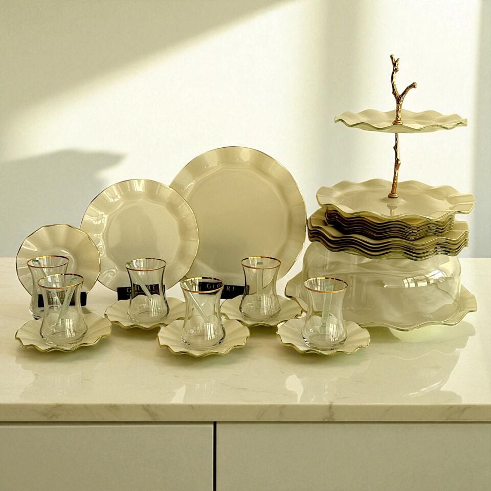 34 Parça 6 Kişilik Krem Surf Gold Altın Yaldızlı Çay Servis İkram Takımı