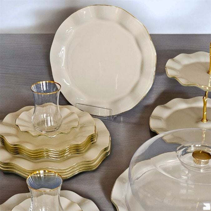 34 Parça 6 Kişilik Krem Surf Gold Altın Yaldızlı Çay Servis İkram Takımı