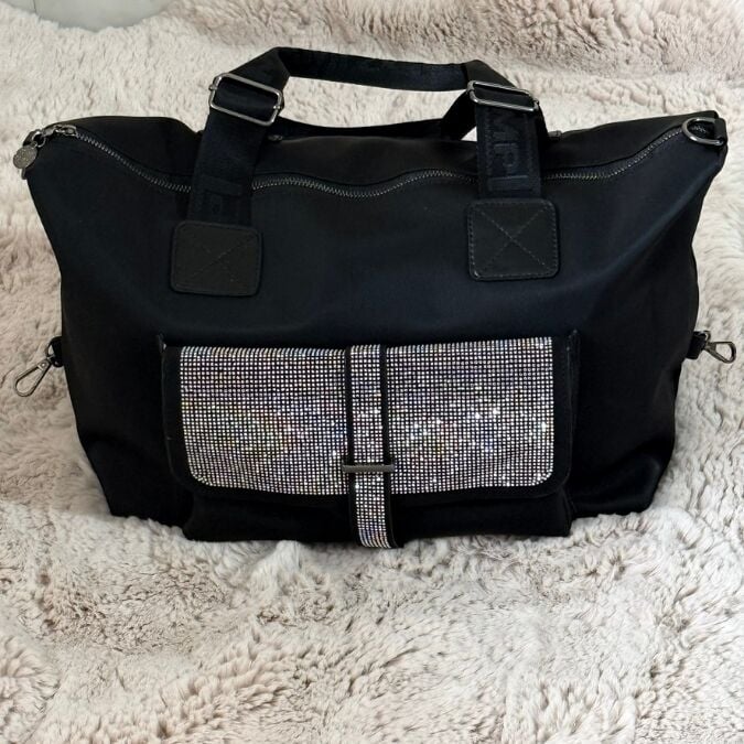 Taş Detaylı Cepli Siyah Büyük Boy Kadın Omuz ve Seyahat Çantası
