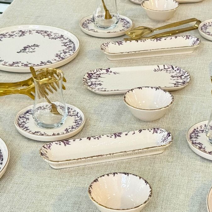 Glore Botanica 32 Parça 6 Kişilik Altın Yaldızlı Seramik Kahvaltı Takımı