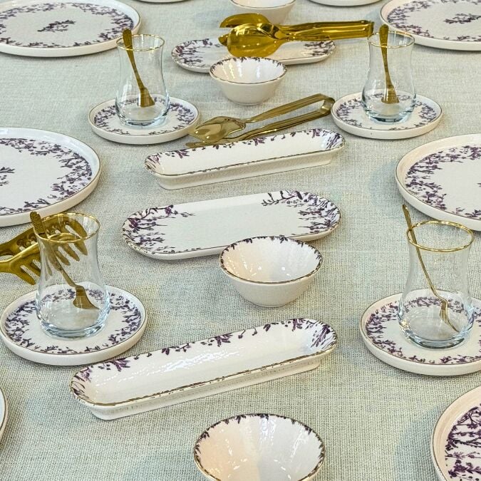 Glore Botanica 32 Parça 6 Kişilik Altın Yaldızlı Seramik Kahvaltı Takımı