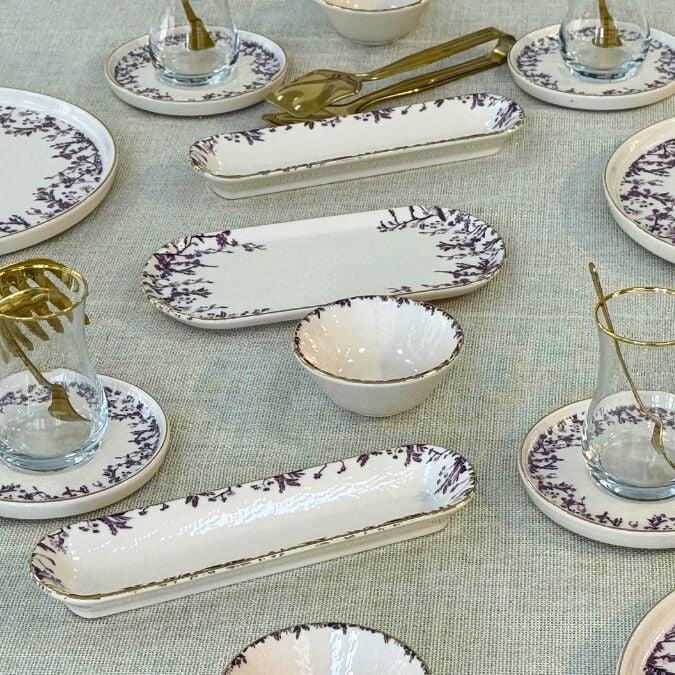 Glore Botanica 32 Parça 6 Kişilik Altın Yaldızlı Seramik Kahvaltı Takımı