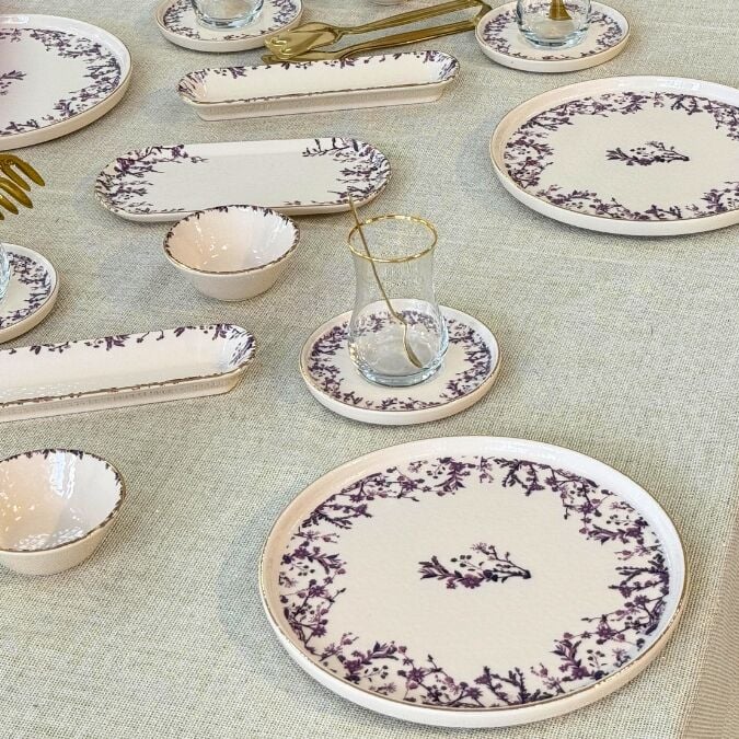 Glore Botanica 32 Parça 6 Kişilik Altın Yaldızlı Seramik Kahvaltı Takımı