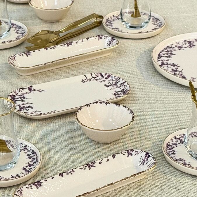 Glore Botanica 32 Parça 6 Kişilik Altın Yaldızlı Seramik Kahvaltı Takımı